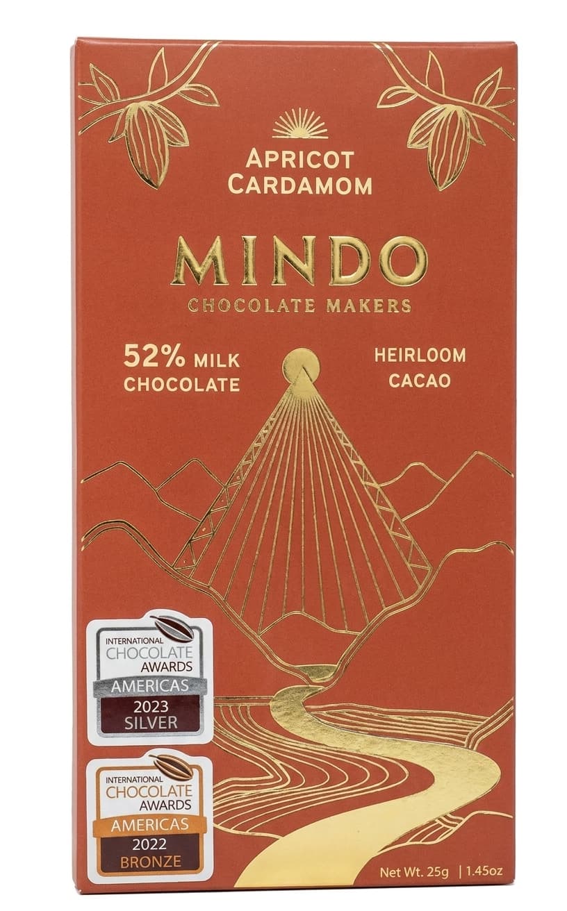 Apricot Cardamom 52% 52% milk bar packaging by Mindo Chocolate