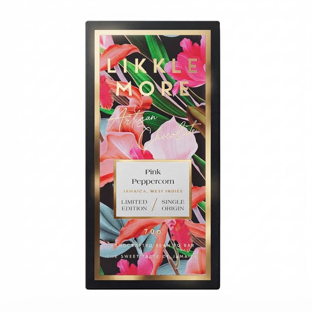 Pink Peppercorn 70% 70% dark bar packaging by Likkle More