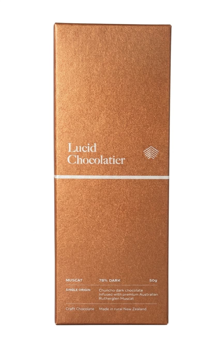 Muscat 78% 78% dark bar packaging by Lucid Chocolatier