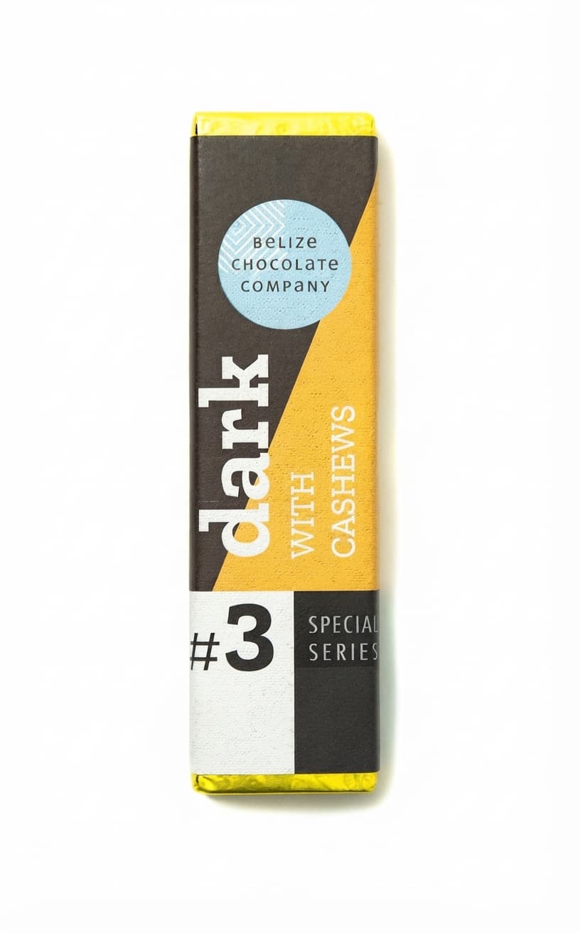 Cashew 70% 70% dark bar packaging by Belize Chocolate Company
