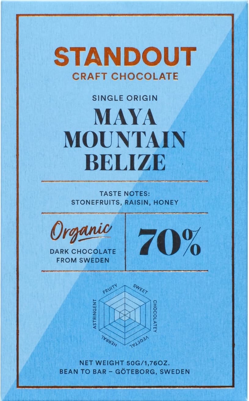 Maya Mountain 70% 70% dark bar packaging by Standout Chocolate