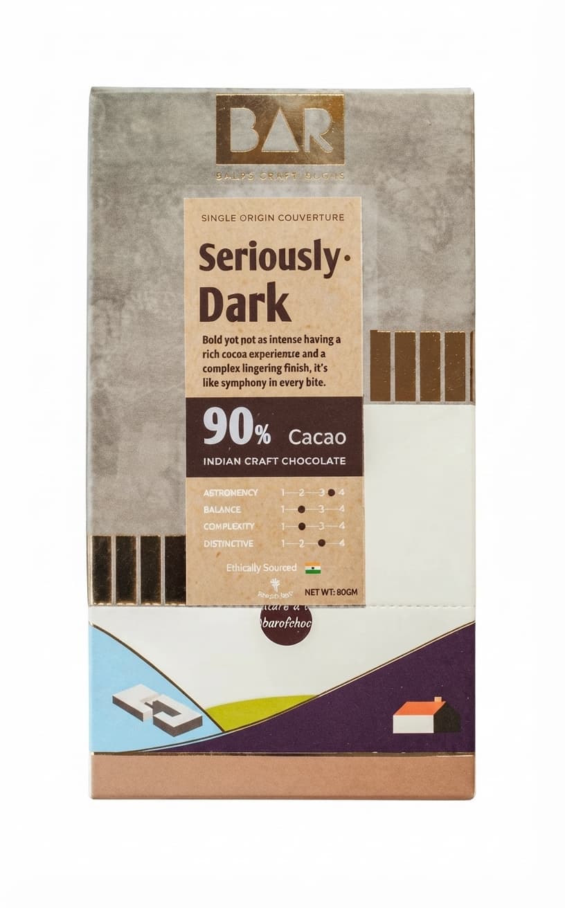 Seriously Dark 90% 90% dark bar packaging by BAR Baker's Artisanal Recipes