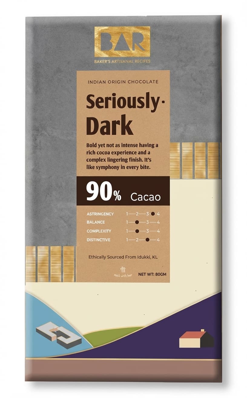 Seriously Dark 90% 90% dark bar packaging by BAR Baker's Artisanal Recipes