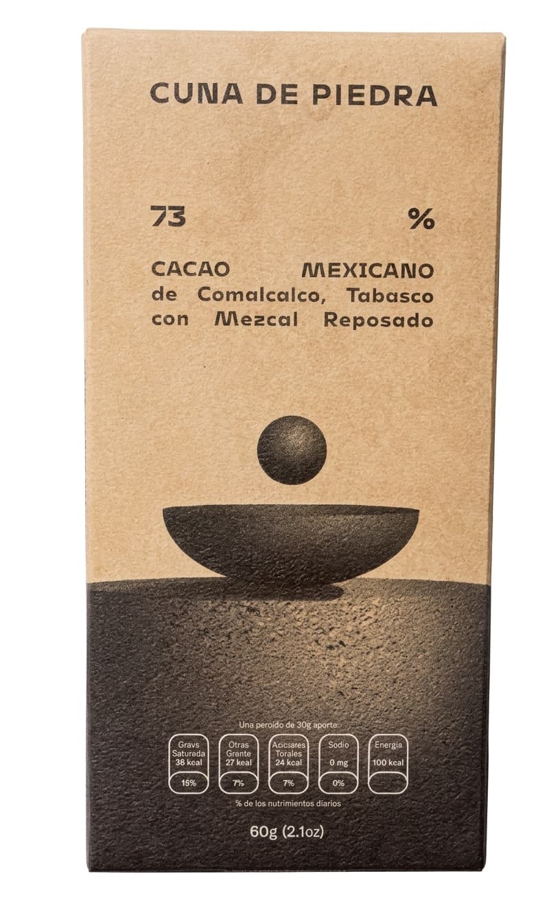 Mezcal Reposado 73% 73% dark bar packaging by Cuna de Piedra