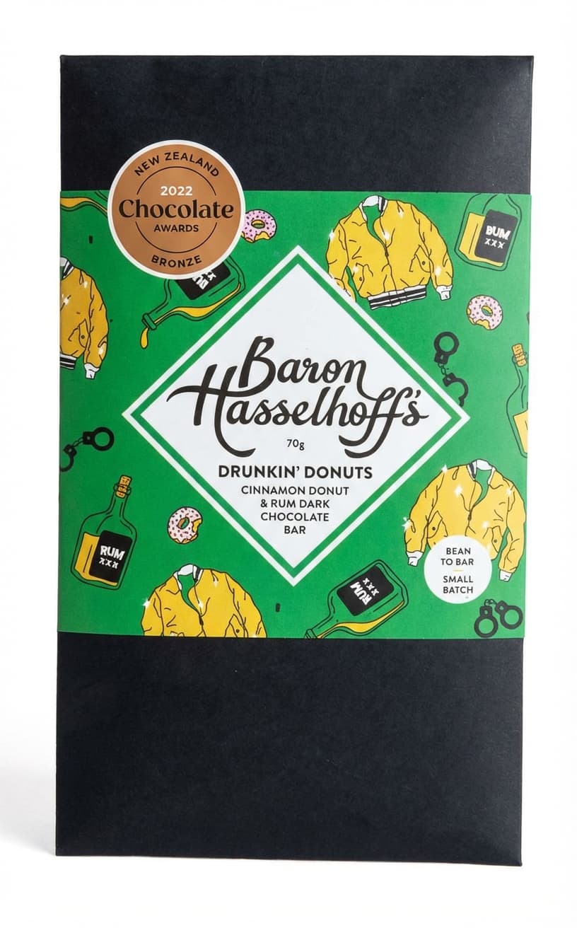 Drunkin' Donuts 70% dark bar packaging by Baron Hasselhoff's