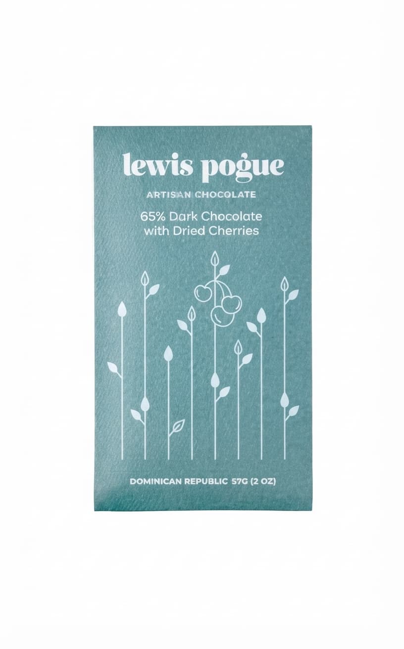 Dried Cherries 65% 65% dark bar packaging by Lewis Pogue Artisan Chocolate