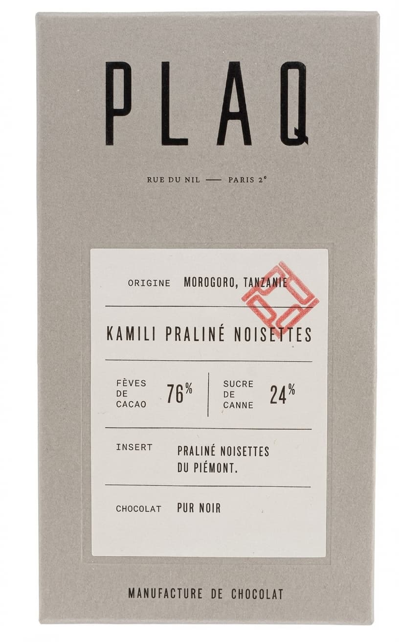 Kamili Praliné Noisettes 76% dark bar packaging by Plaq