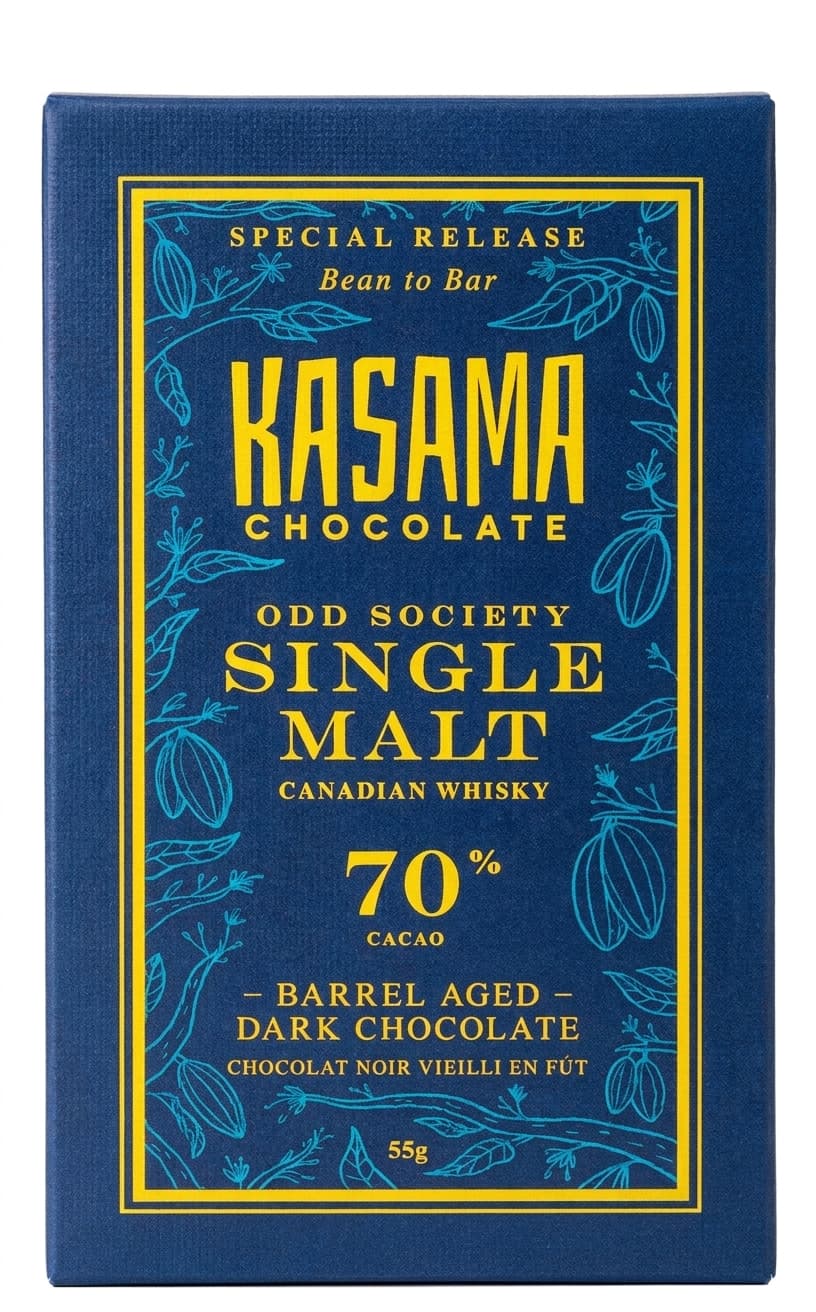 Odd Society Single Malt Canadian Whisky 70% dark bar packaging by Kasama Chocolate