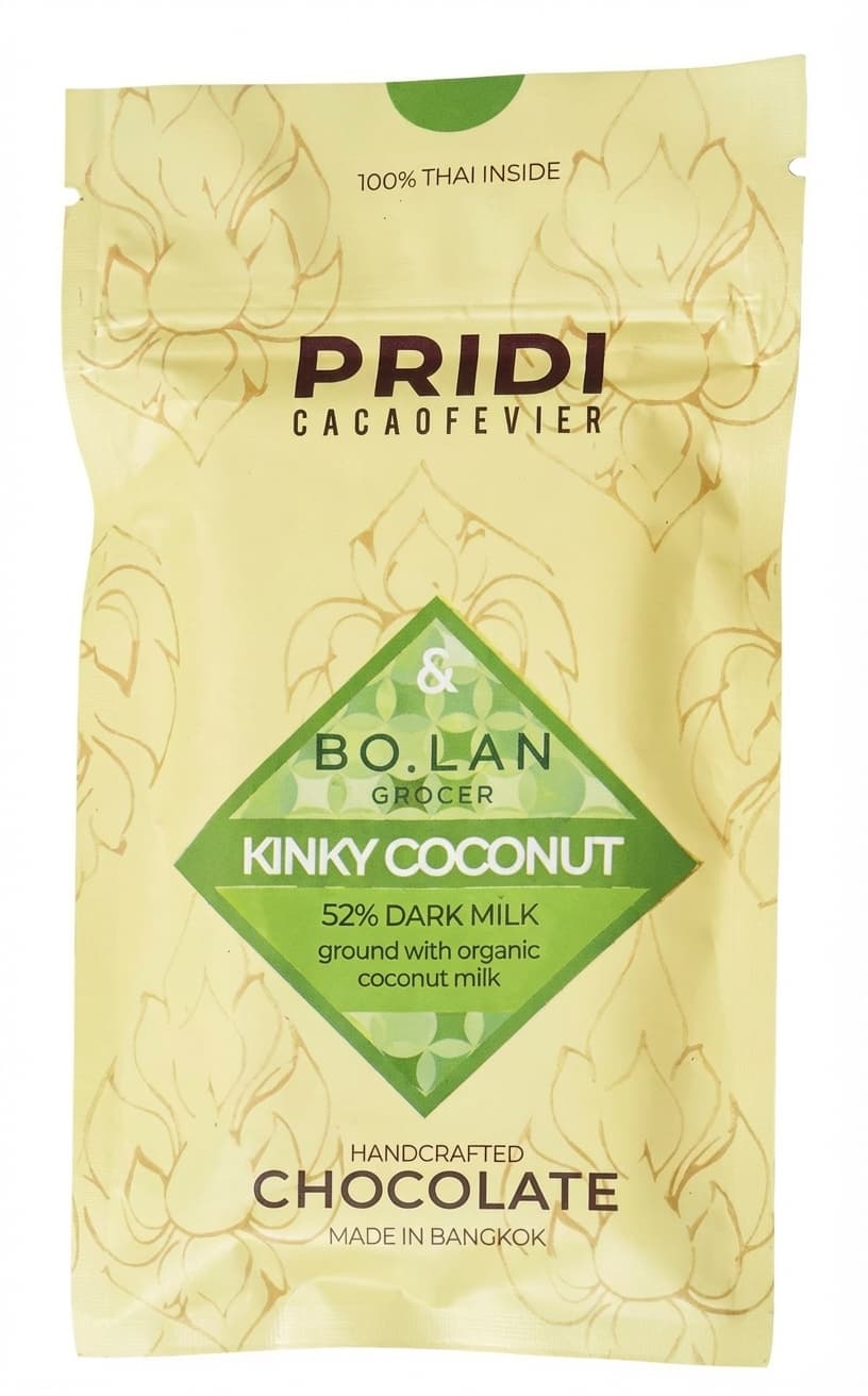 Kinky Coconut 52% Dark Milk 52% milk bar packaging by Pridi Cacaofevier