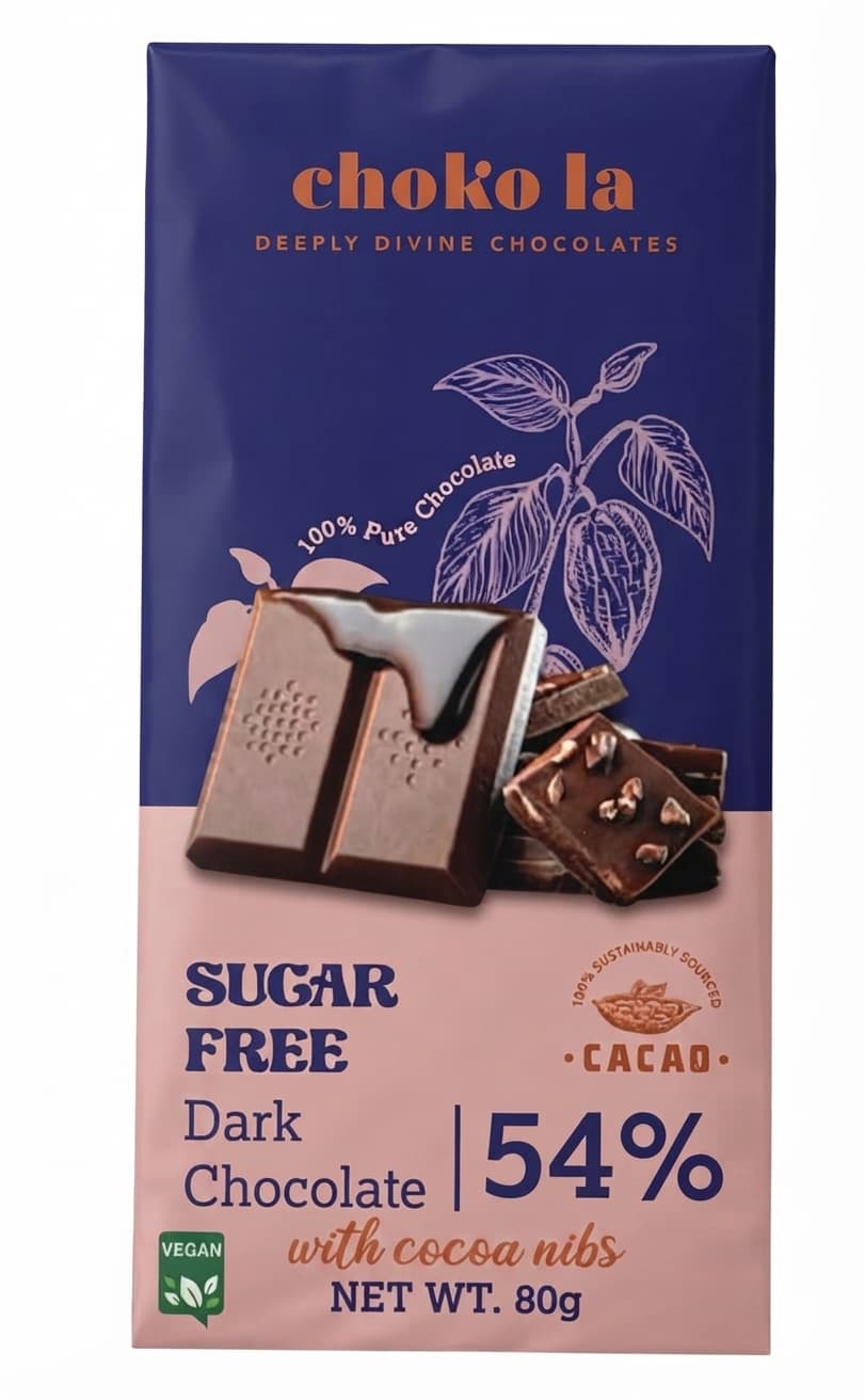 Sugar Free 54% with cocoa nibs 54% dark bar packaging by choko la
