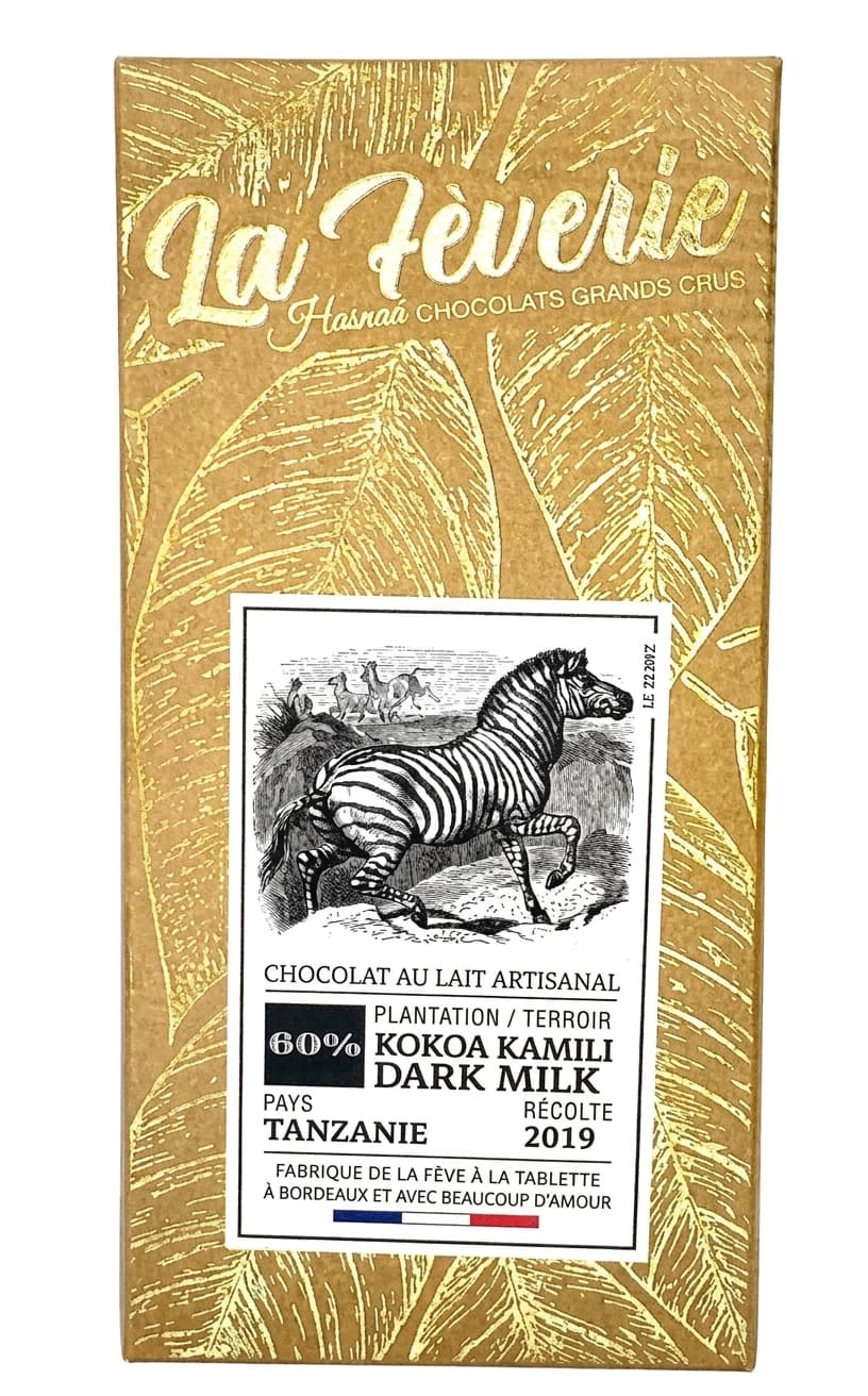 Kokoa Kamili 60% Dark Milk 60% milk bar packaging by Hasnaâ Chocolats