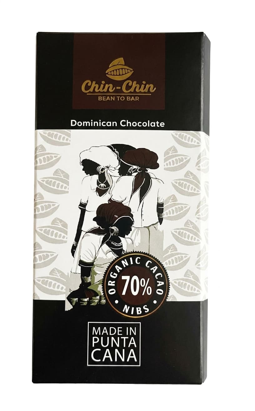 Dominican Chocolate 70% Nibs 70% dark bar packaging by Chin-Chin