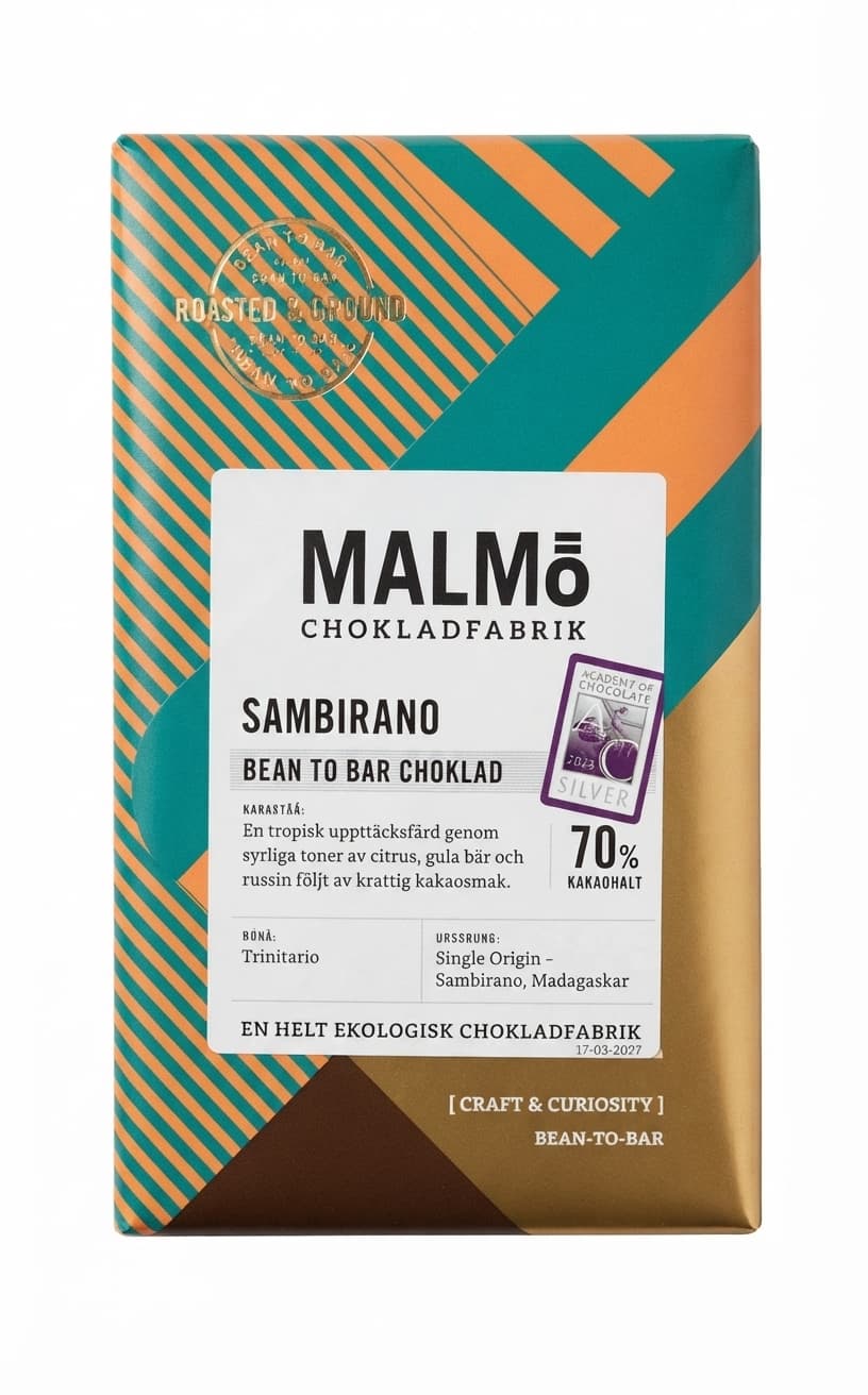 Sambirano 70% 70% dark bar packaging by Malmö Chokladfabrik