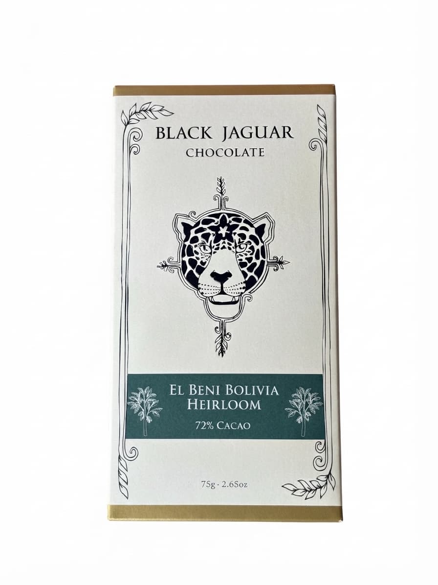 El Beni Bolivia Heirloom 72% 72% dark bar packaging by Black Jaguar Chocolate
