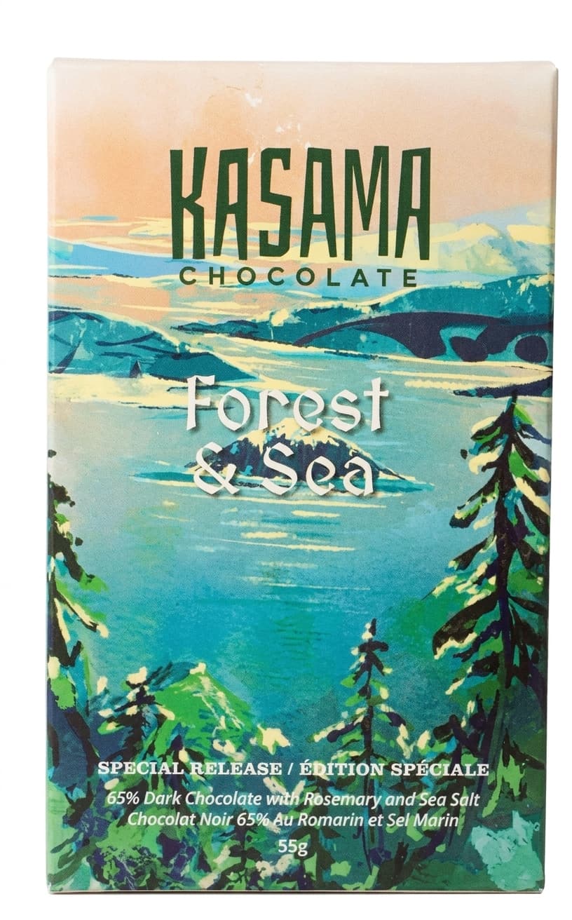 Forest & Sea 65% dark bar packaging by Kasama Chocolate