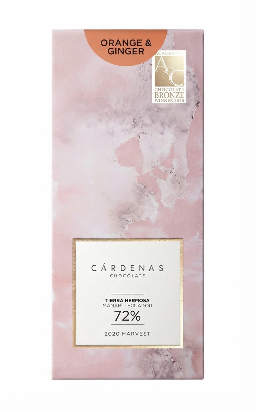 Orange & Ginger 72% 72% dark bar packaging by Cárdenas Chocolate