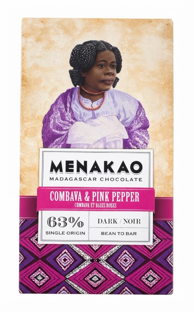 Combava & Pink Pepper 63% 63% dark bar packaging by Menakao