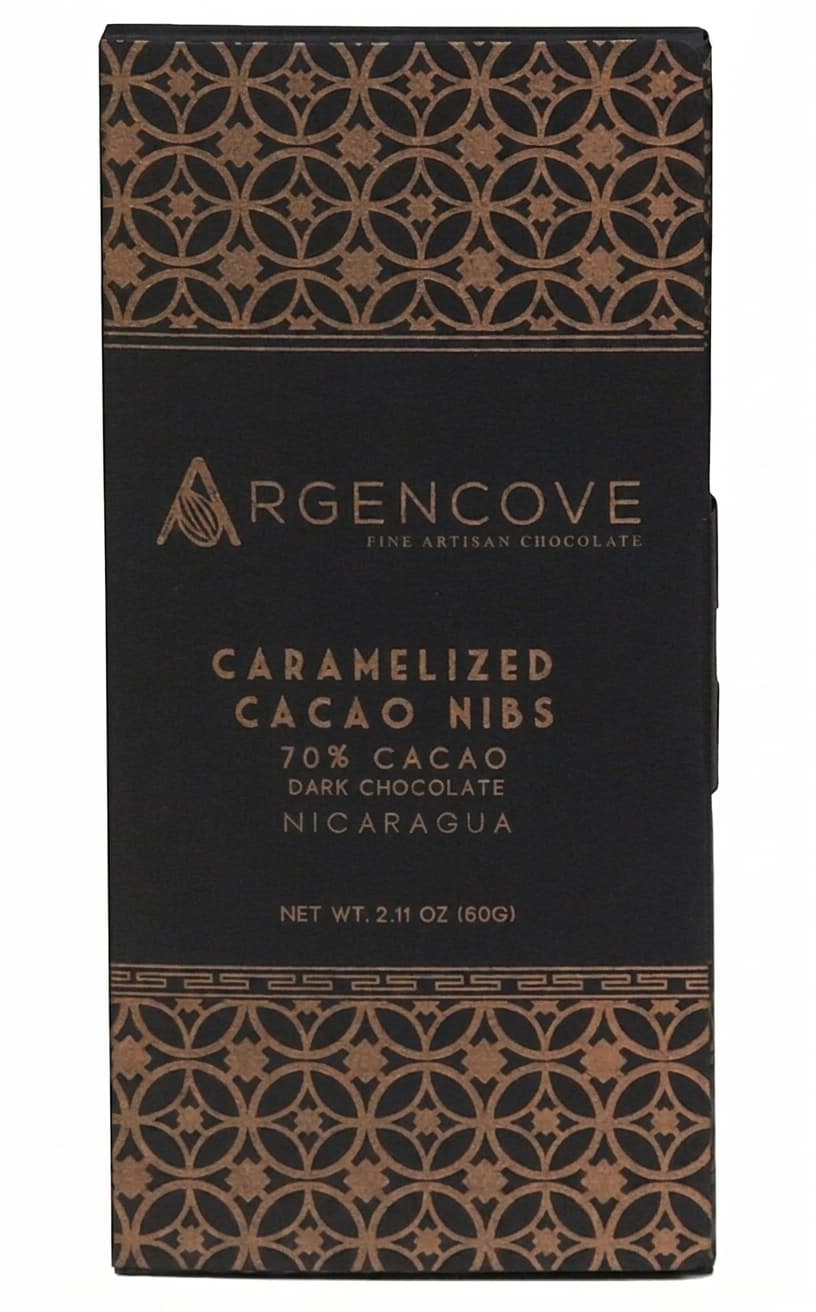 Caramelized Cacao Nibs 70% 70% dark bar packaging by Argencove
