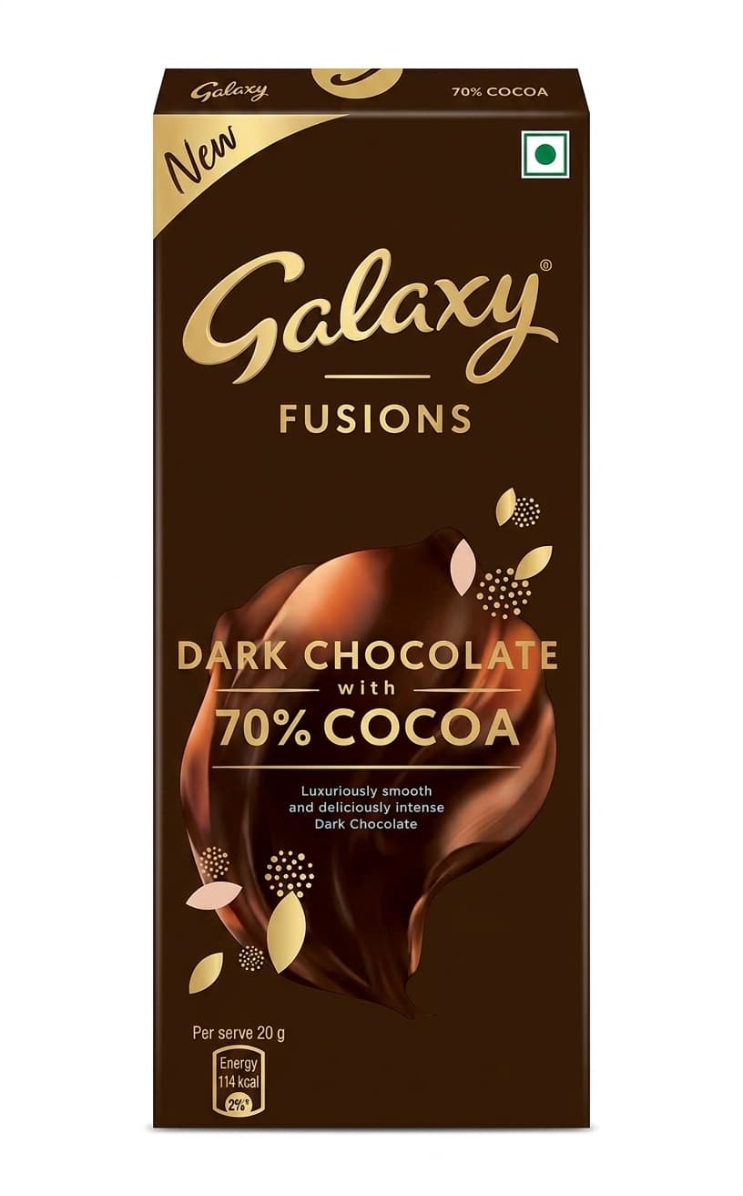 Fusions Dark Chocolate 70% Cocoa 70% dark bar packaging by Galaxy