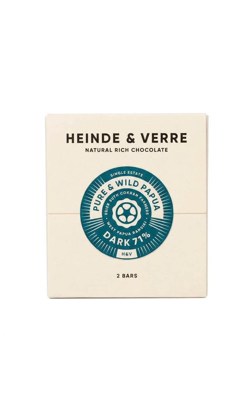 Pure & Wild Papua 71% 71% dark bar packaging by Heinde & Verre