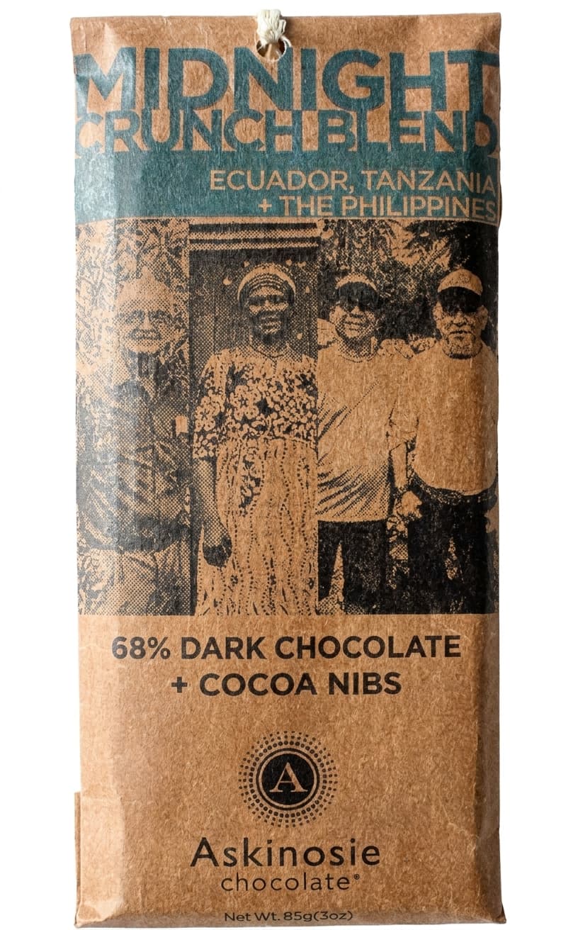 Midnight Crunch Blend 68% dark bar packaging by Askinosie