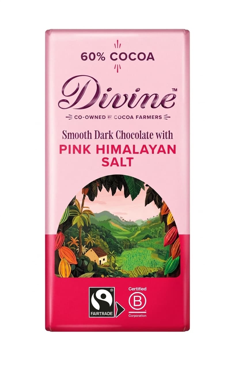 Pink Himalayan Salt 60% 60% dark bar packaging by Divine