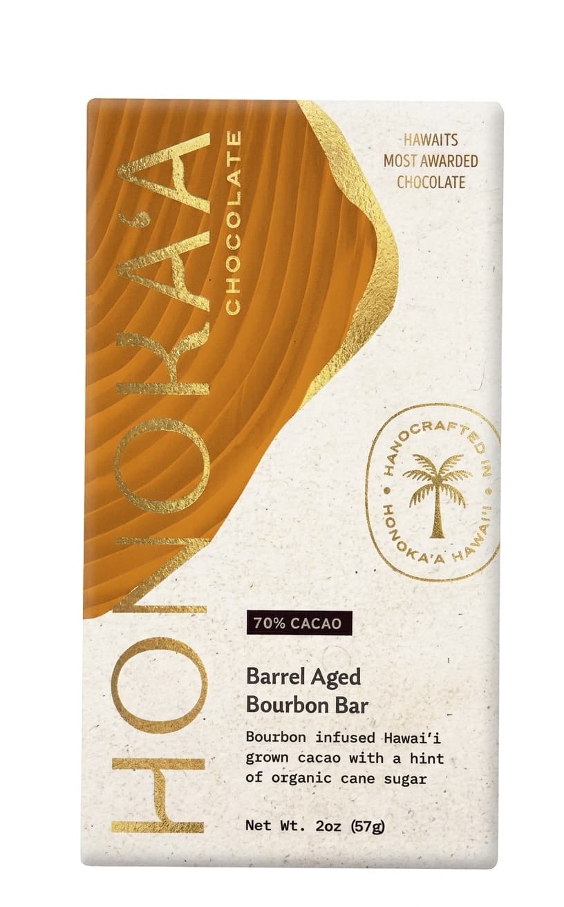 Barrel Aged Bourbon 70% dark bar packaging by Honoka'a