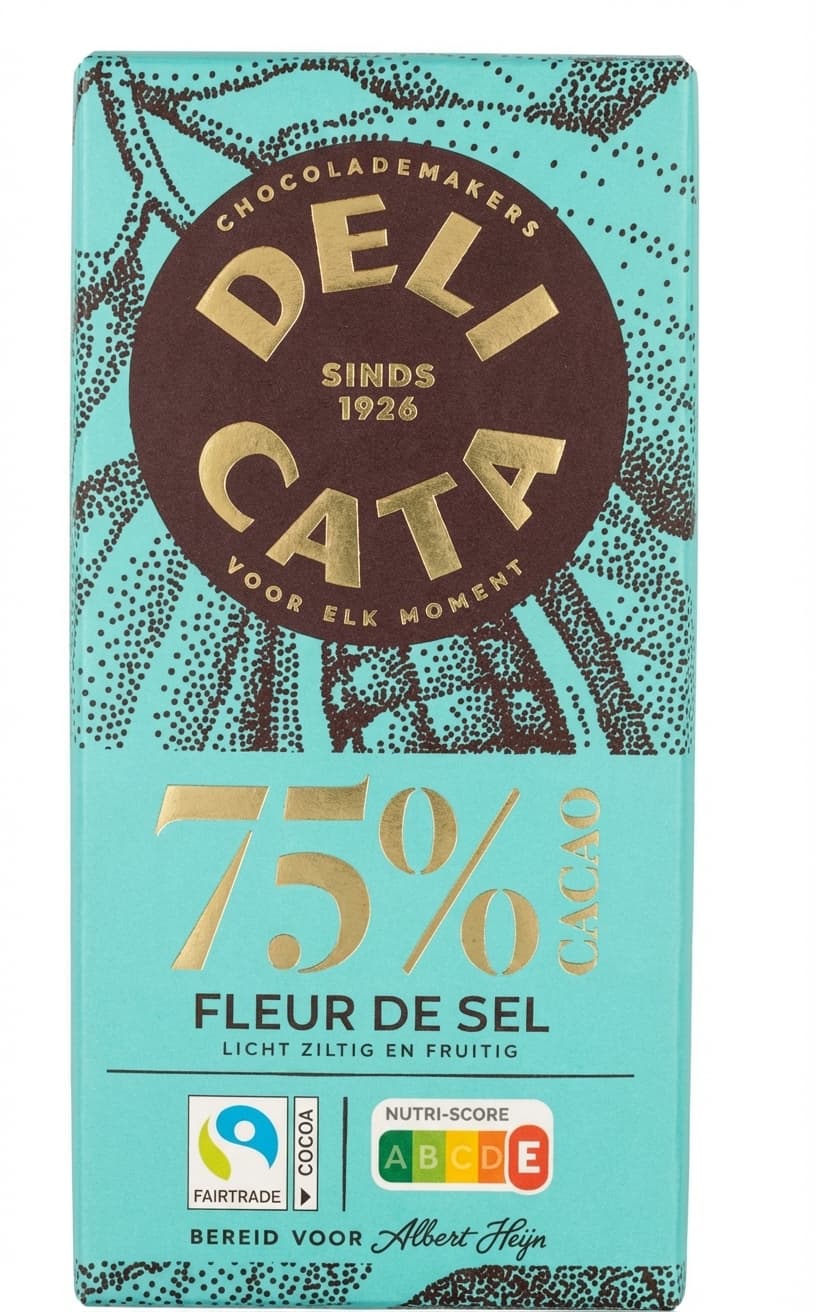 Fleur de Sel 75% Cacao 75% dark bar packaging by Delicata