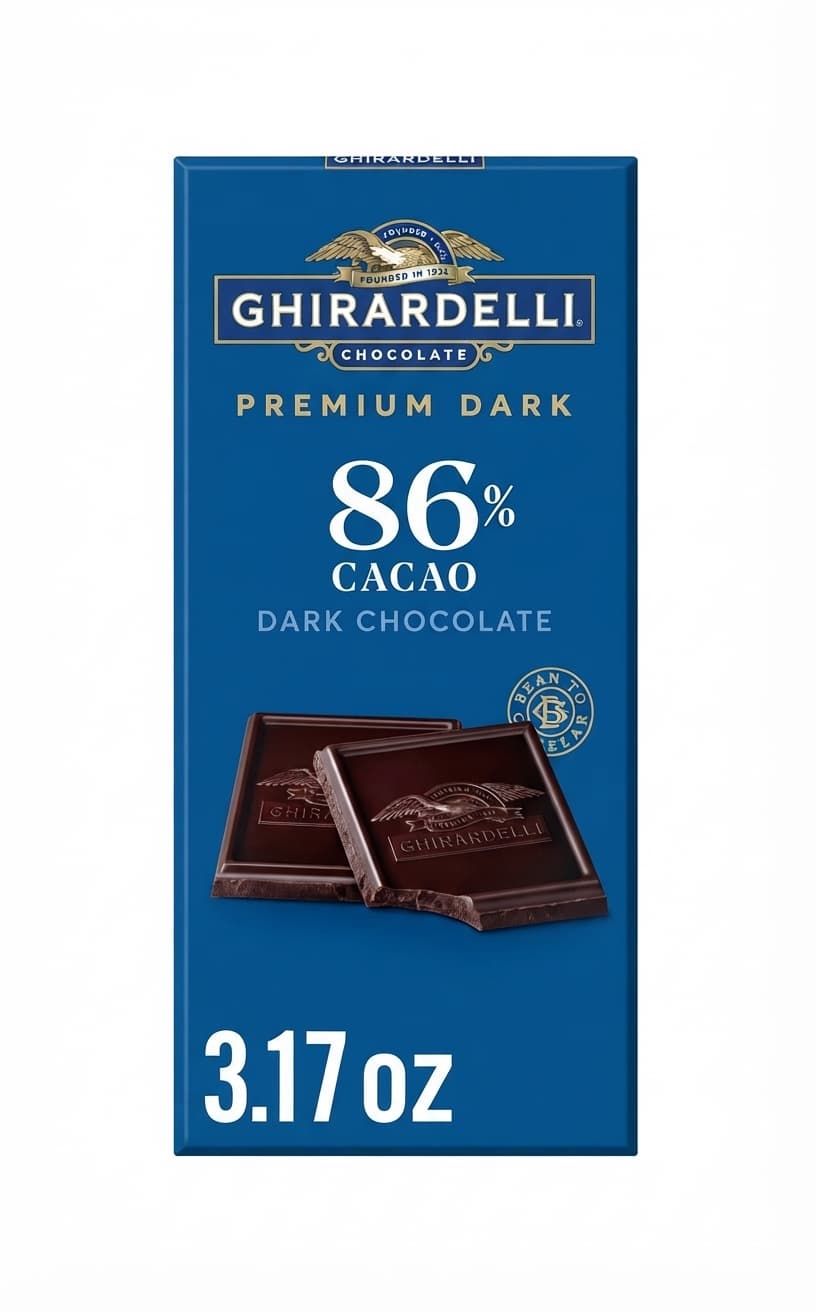 Premium Dark 86% 86% dark bar packaging by Ghirardelli