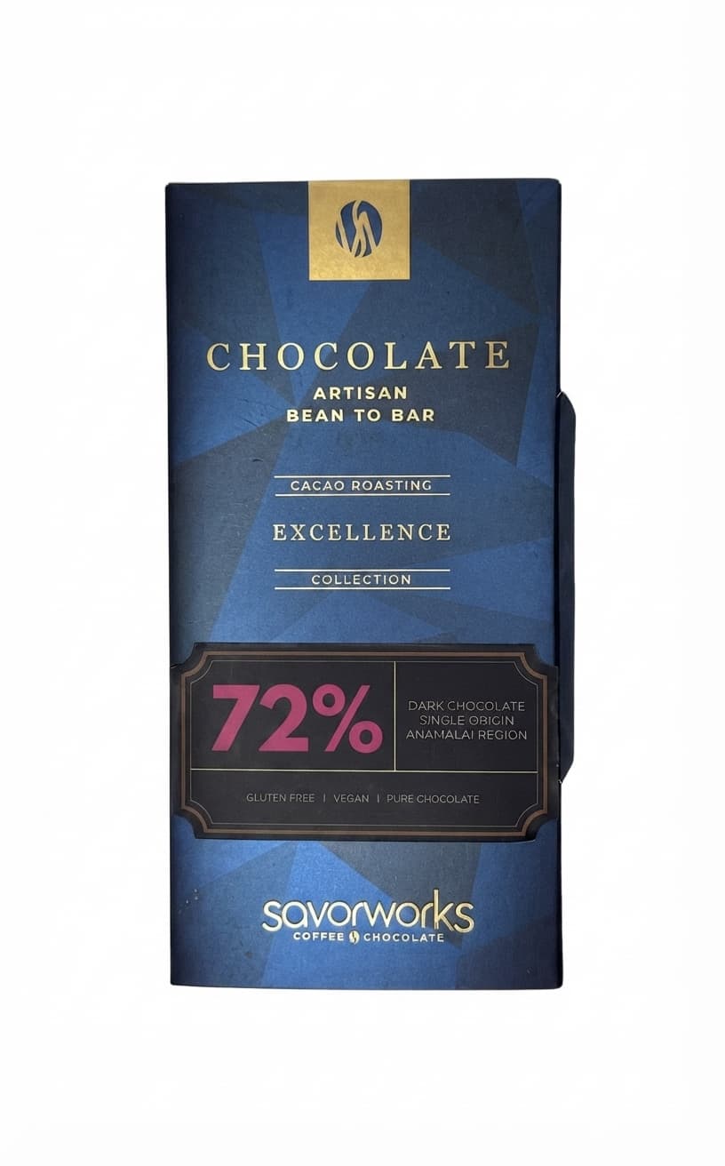 Anamalai 72% 72% dark bar packaging by Savorworks Roasters