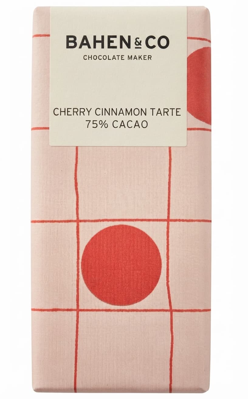 Cherry Cinnamon Tarte 75% 75% dark bar packaging by Bahen & Co