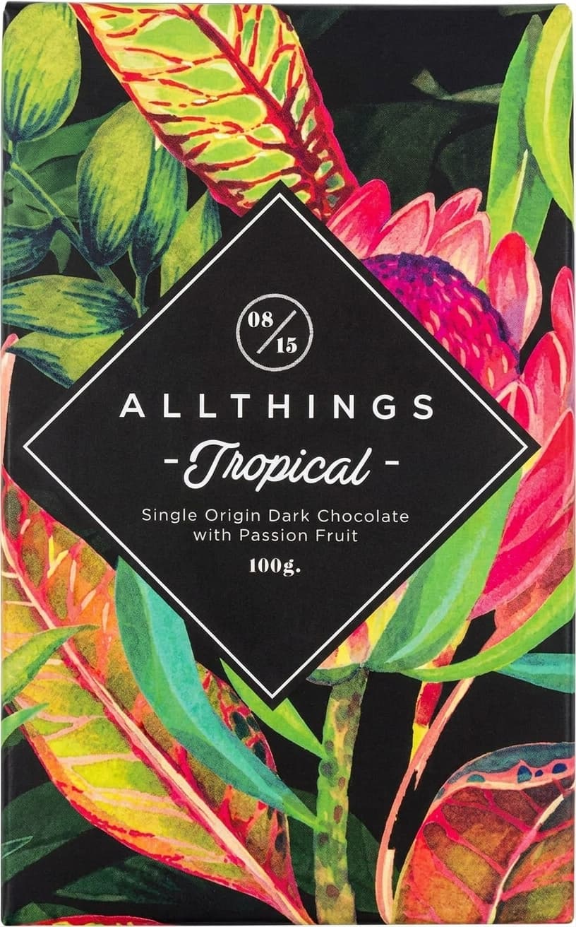 Tropical null% dark bar packaging by All Things Chocolate