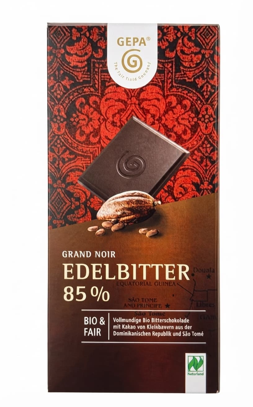 Grand Noir Edelbitter 85% 85% dark bar packaging by GEPA