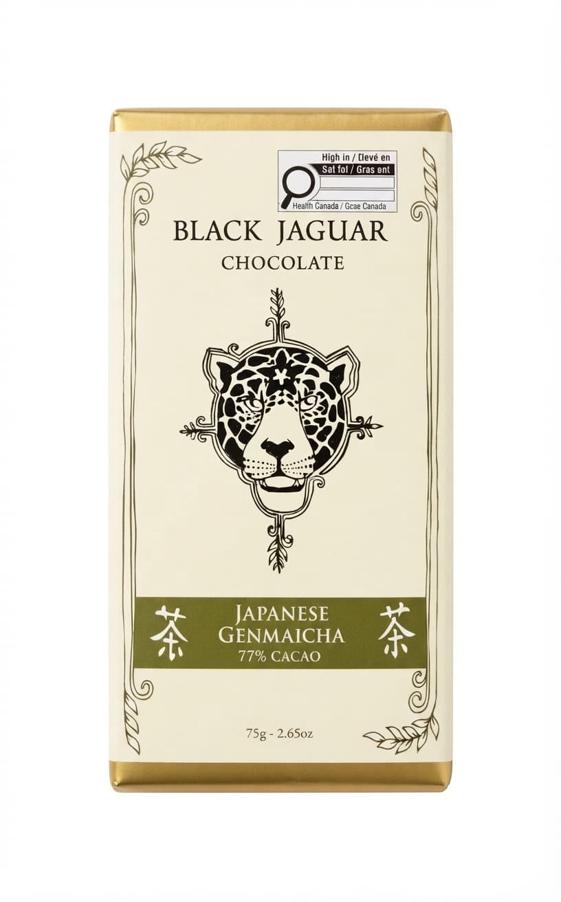 Japanese Genmaicha 77% 77% dark bar packaging by Black Jaguar Chocolate