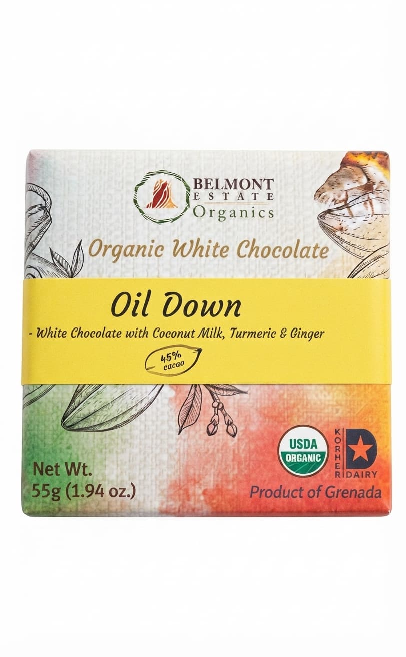 Oil Down 45% white bar packaging by Belmont Estate Organics
