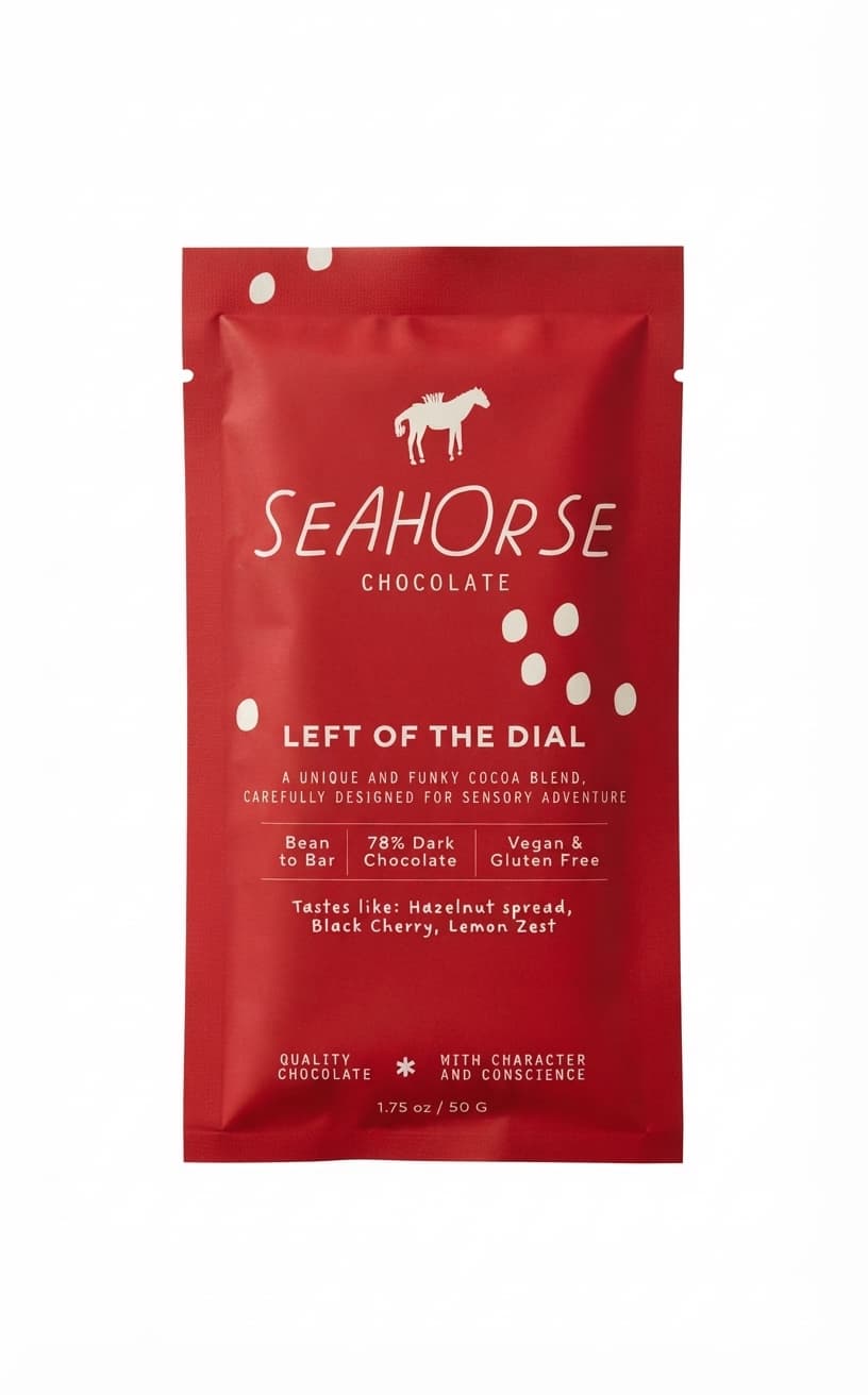 Left of the Dial 78% 78% dark bar packaging by Seahorse Chocolate