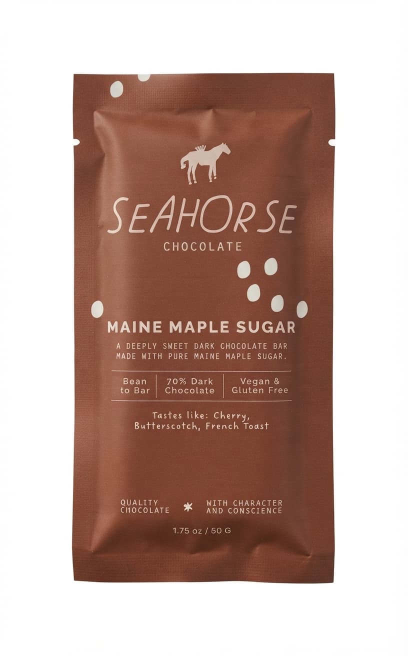 Maine Maple Sugar 70% 70% dark bar packaging by Seahorse Chocolate