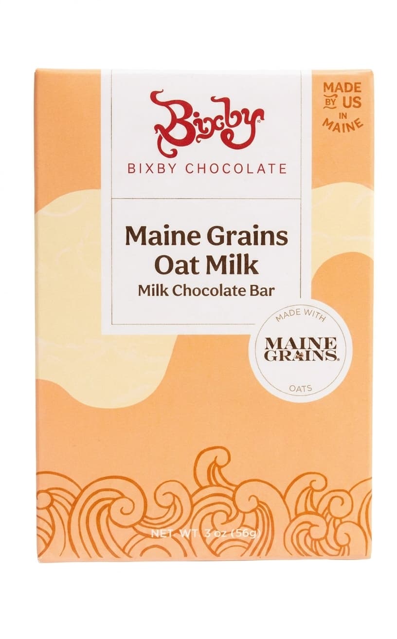 Maine Grains Oat Milk 45% milk bar packaging by Bixby Chocolate