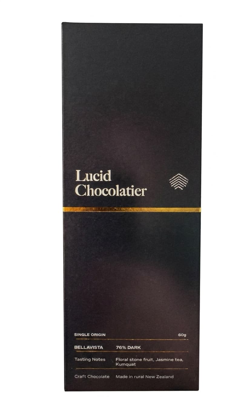 Bellavista 76% Dark 76% dark bar packaging by Lucid Chocolatier