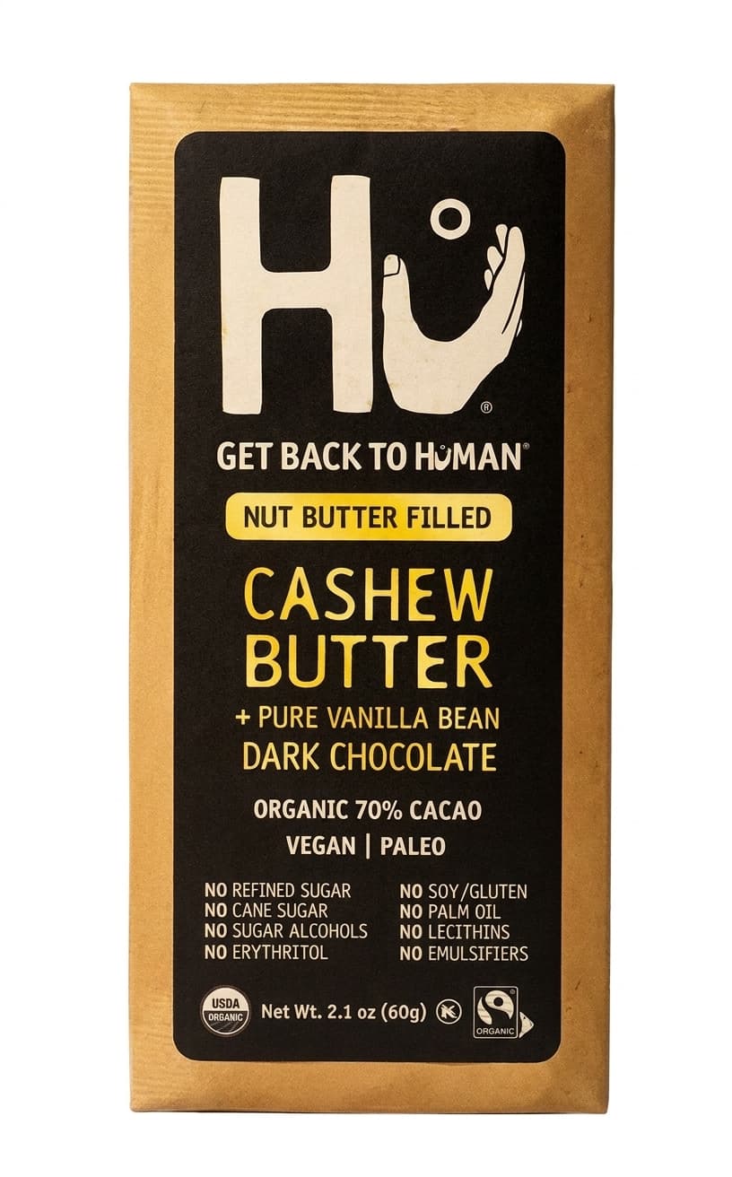 Cashew Butter + Pure Vanilla Bean Dark Chocolate 70% dark bar packaging by Hu