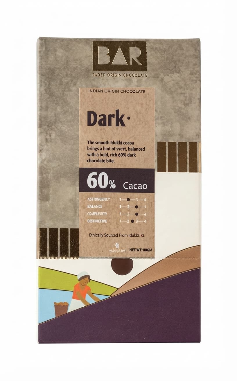 Dark Idukki 60% Cacao 60% dark bar packaging by BAR Baker's Artisanal Recipes