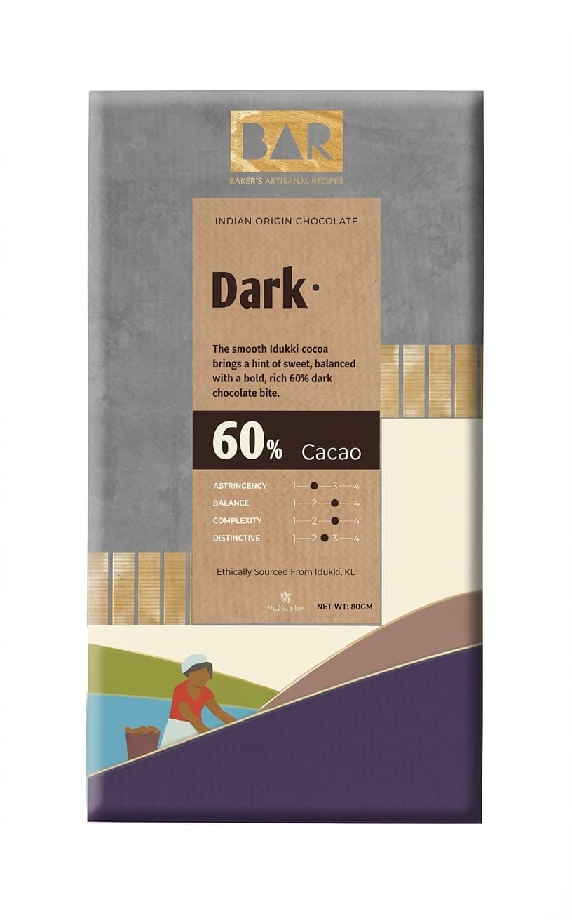 Dark Idukki 60% Cacao 60% dark bar packaging by BAR Baker's Artisanal Recipes