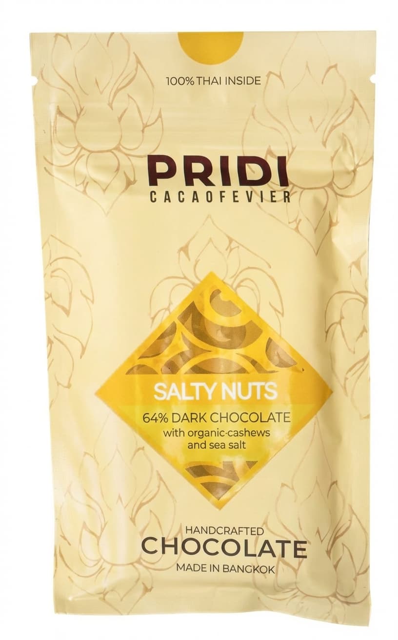 Salty Nuts 64% dark bar packaging by Pridi Cacaofevier