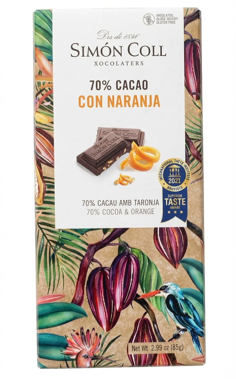 70% Cocoa & Orange 70% dark bar packaging by Simón Coll