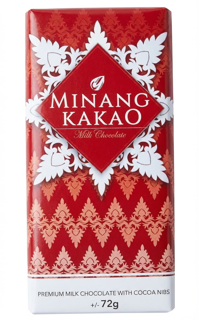 Premium Milk Chocolate with Cocoa Nibs 45% milk bar packaging by MINANG KAKAO