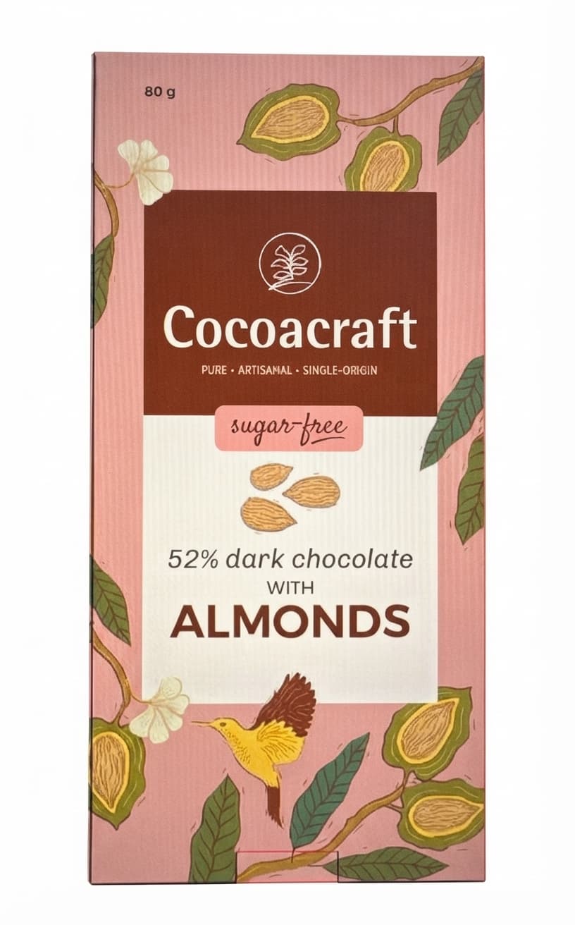 Almonds 52%, Sugar Free 52% dark bar packaging by Cocoacraft