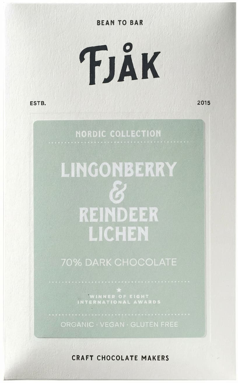 Lingonberry & Reindeer Lichen, Nordic Collection 70% dark bar packaging by Fjåk