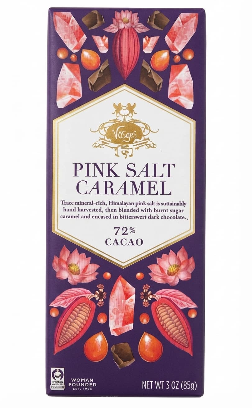 Pink Salt Caramel 72% 72% dark bar packaging by Vosges