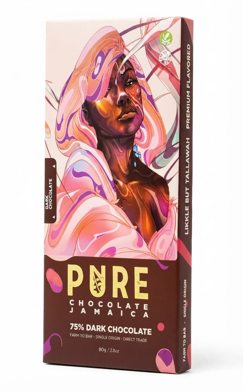 Likkle But Tallawah 75% 75% dark bar packaging by Pure Chocolate Jamaica