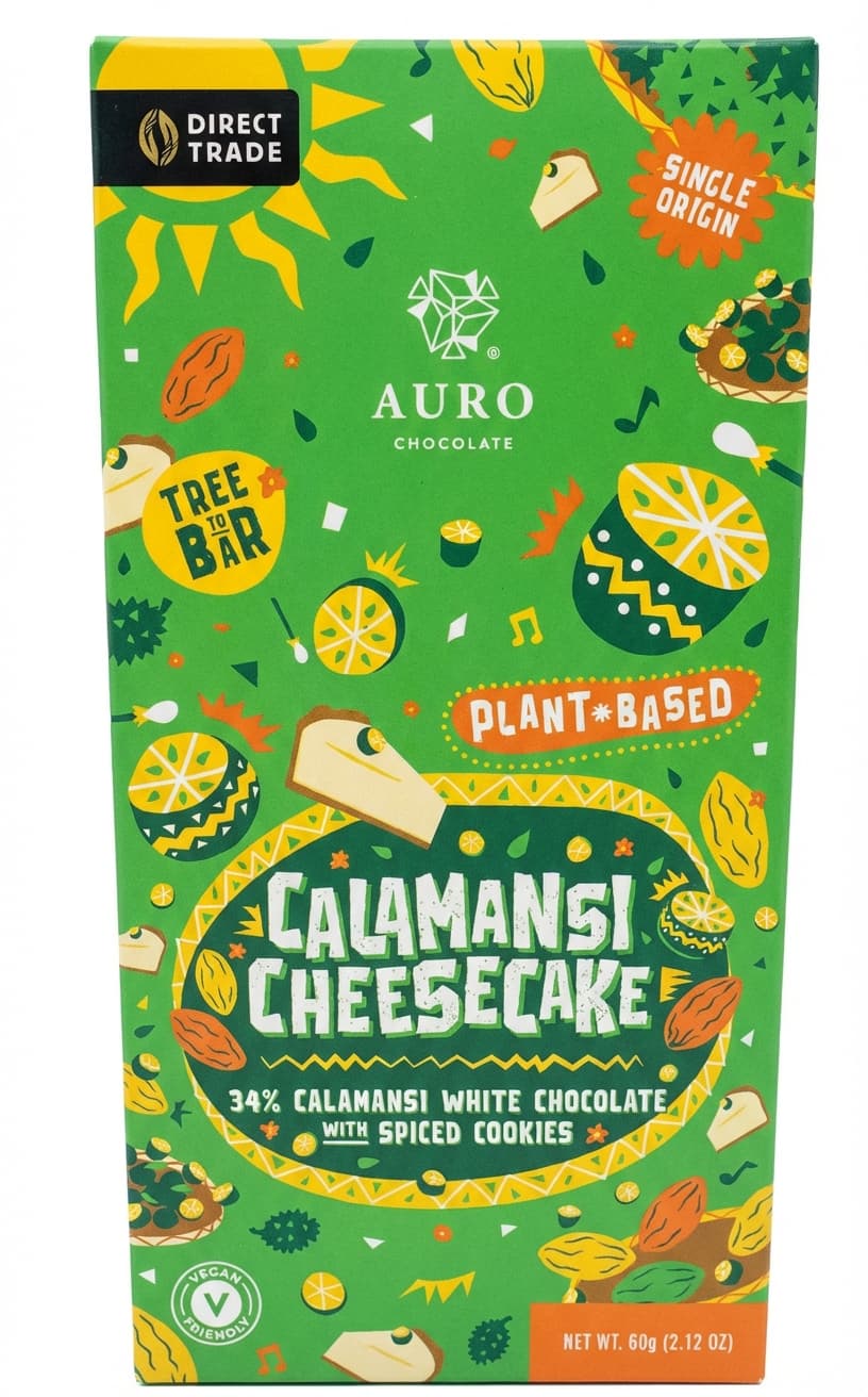 Calamansi Cheesecake 34% white bar packaging by AURO